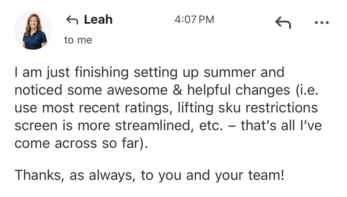 Customer email thanking PowerUp Sports support team for helpful platform changes